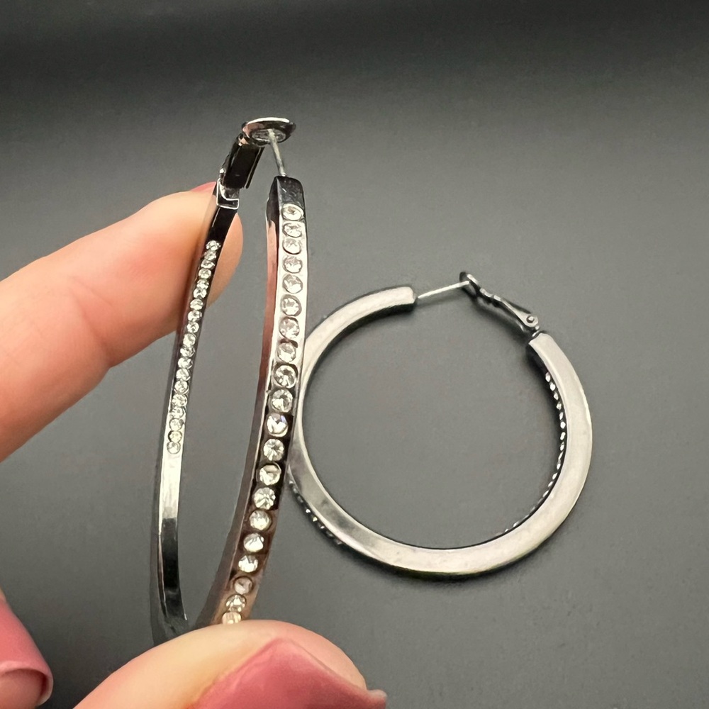 Stainless Steel and Rhinestone Hoop Fashion Earrings - Picture 2 of 3